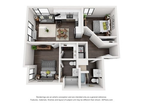Floor plan for 2 beds, 2 baths, 939 sqft